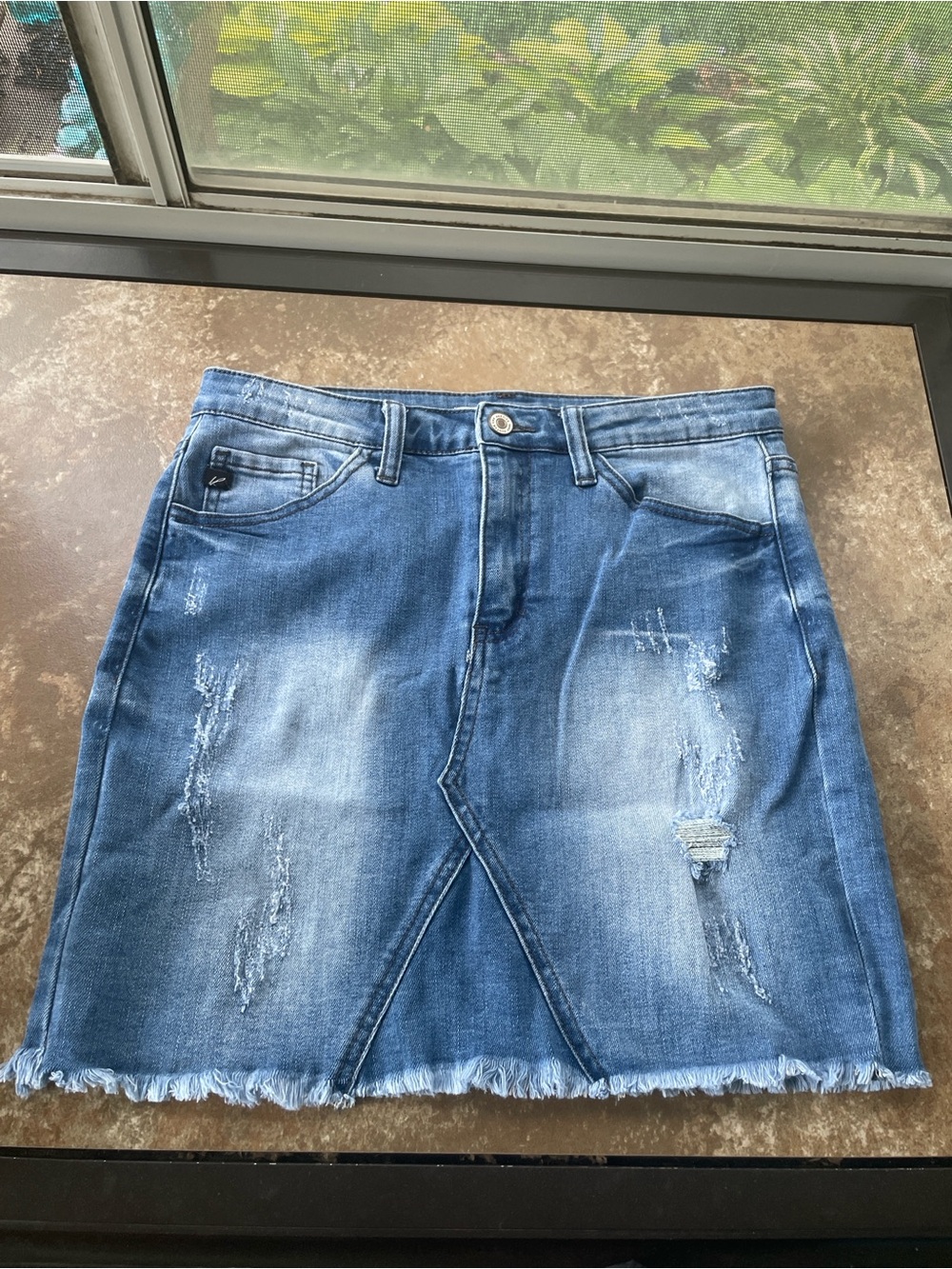 KanCan Blue Distressed Denim Mini Skirt with Frayed Hem 26